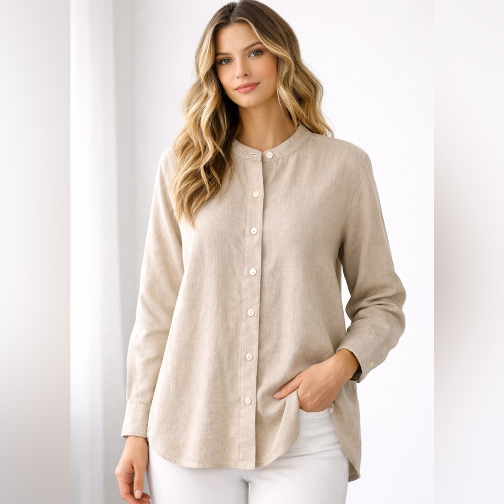 Ann Taylor 100% Linen Blouse L Neutral Beige Button Front Roll-Tab Sleeve NWOT